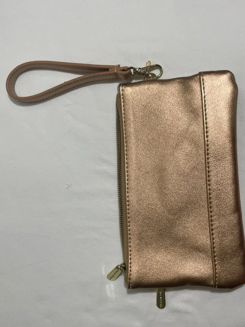 Adrienne Vittadini Rose Gold Metallic Wristlet Wallet Clutch Double Zip Pouch
